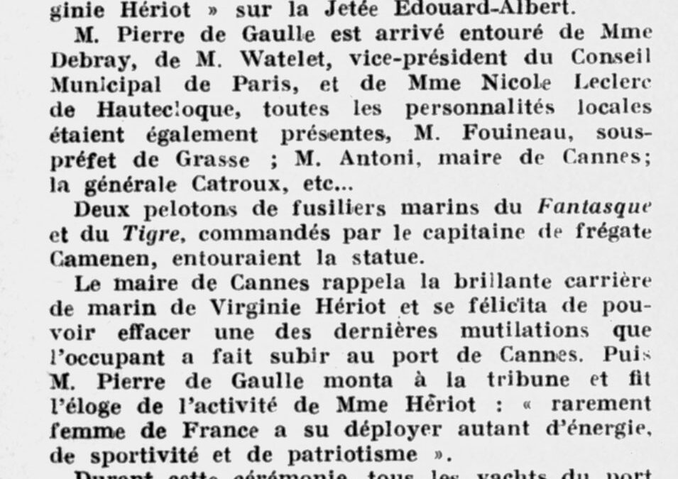 Cérémonie de la réédification du monument de Virginie Hériot à Cannes