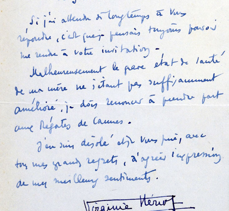 Lettre de Virginie Hériot annonçant sa non-participation aux régates internationales de Cannes 1931