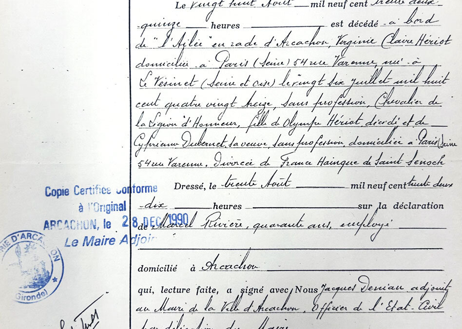 Acte de décès de la navigatrice Virginie Hériot