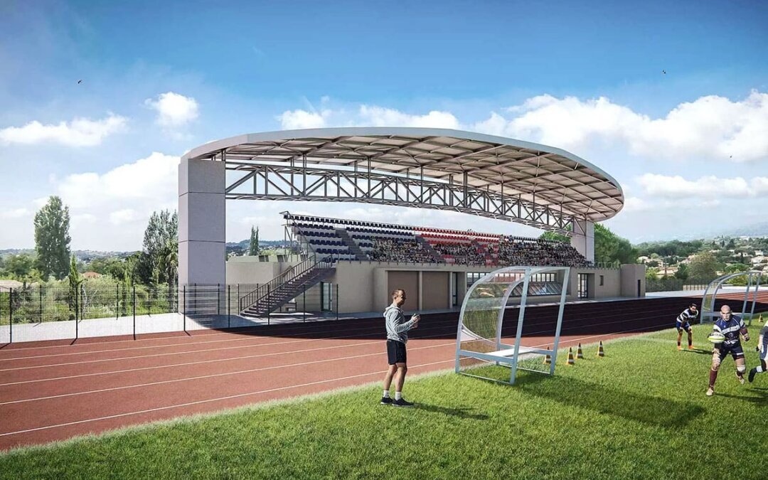 Image de synthèse de la nouvelle tribune couverte du stade Louis Perdigon à Grasse